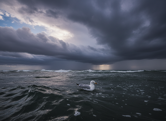 Seagull floating on stormy water, symbolizing zero resistance and oneness